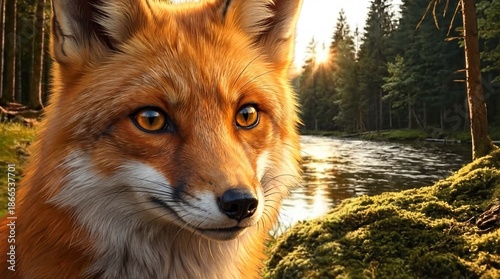 Close-up of red fox with golden eyes in sunlit forest by the river, peaceful wildlife scene