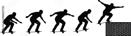 skateboard, trick, silhouette, jump, pose, motion, sequence, black, white, icon, illustration, vector, design, symbol, dynamic, athletic, balance, technique, ledge, progression