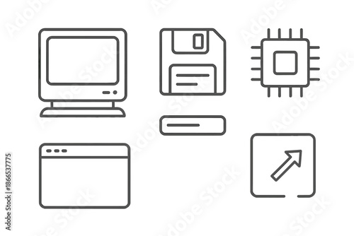 Legacy OS Emulation Icons. Line vector icons of legacy OS emulation: vintage monitor frame, floppy disk, boot screen bar, chip