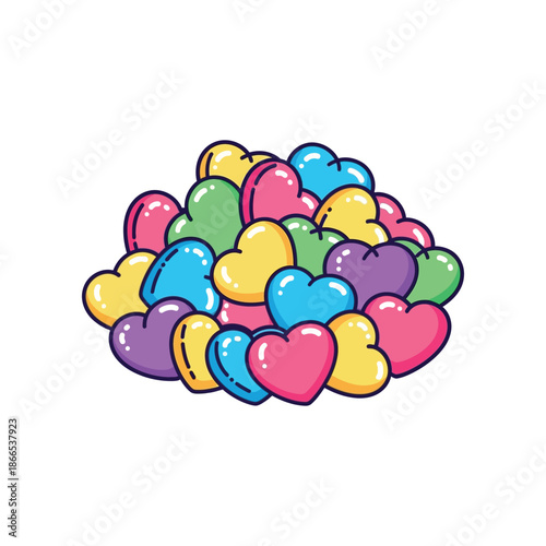 Colorful heart-shaped macarons are piled high in a sweet illustration.