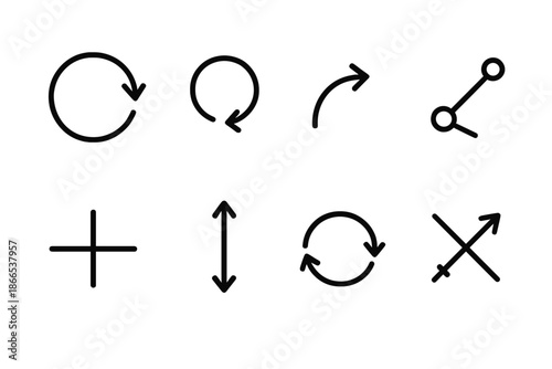 Essential Turning Points Icons. Line style icons of essential turning points: circular arrow, pivot symbol, rotation curve,