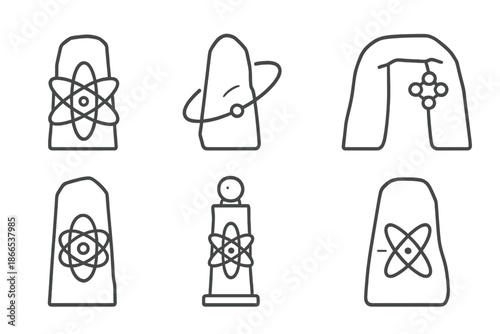 Atomic Standing Stones Icons. Line style icons of atomic standing stones: atomic ring, orbit pillar, nucleus stone, molecular arc,