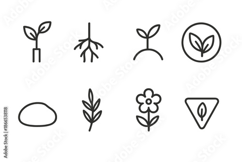 Primitive Growth Symbols. Line style icons of primitive growth markers: sprouting post, root symbol, early plant, organic sign,