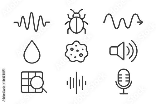 Bug Sound Analysis Icons. Line style icons of bug waste sound analysis: waveform line, insect silhouette, vibration path, droplet
