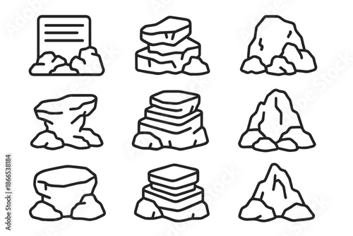 Rocky Linguistic Icons. Line style icons of rocky linguistic frameworks: text ridge, phrase formation, rough grammar, jagged rule,