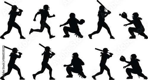 softball player silhouette set, women baseball action poses, batter runner catcher sequence, team sport training collection, isolated white background