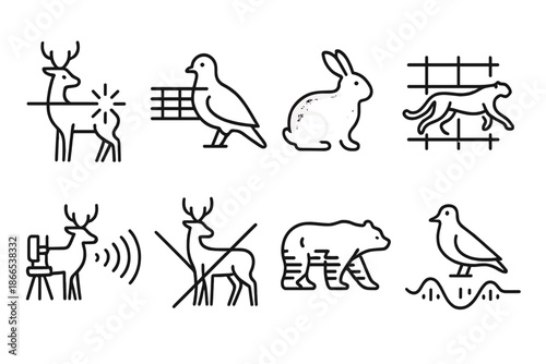 Laser Wildlife Icons. Line style icons of wildlife show laser analysis: bright pulse, structured scan, glowing creature, motion