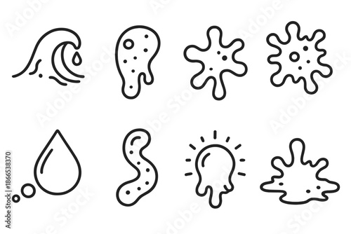 Gelatinous Microbe Icons. Line style icons of gelatinous microbe movers: slime wave, soft body cell, fluid curve, pulsing microbe,