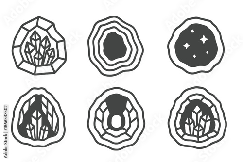Crystal Cavern Icons. Line style icons of crystal cavity scenes: faceted hollow, layered geode, sparkling void, mineral chamber,