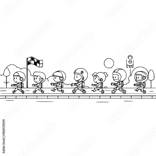 Astronauts Running in Space Suits on Track with Checkered Flag