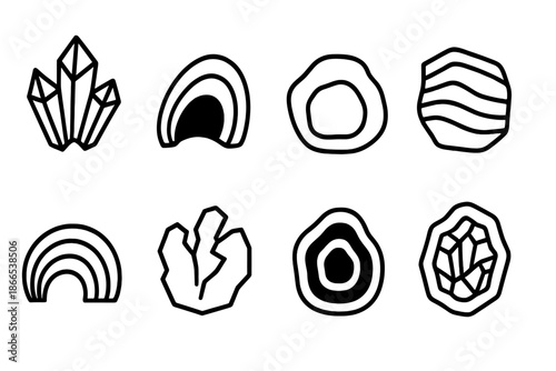 Geode Line Art. Line style icons of hollow mineral formations: faceted crystal shell, inner void, reflective stone contour,