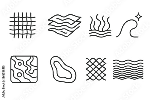 Sea Silk Cartography. Line style icons of sea silk cartography: woven marine grid, layered silk path, underwater filament contour,