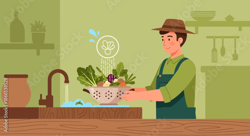 Farmer Washing Fresh Vegetables in Kitchen Sink.
