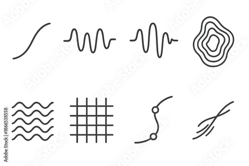 Filament Vibration Icons. Line style icons of filament vibration study: curved thread line, rhythmic pulse, vibrating fiber,