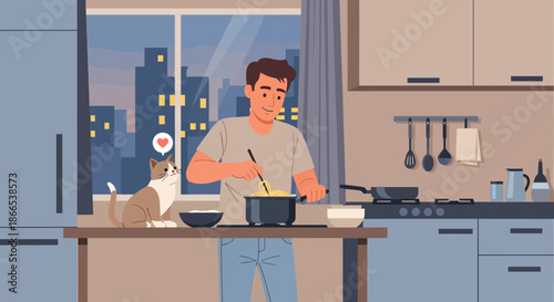 Man cooking with cat in kitchen at night.