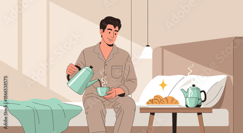 Man Enjoying Morning Tea in Bed A Moment of Relaxation.