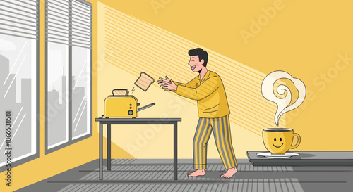 Man in pajamas catching toast from a toaster in the morning.