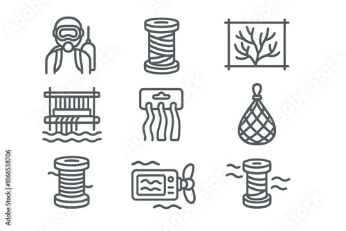 Underwater Silk Exploration Icons. Line style icons of underwater silk exploration: sea diver, silk thread reel, coral frame,