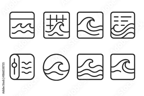 Tidal Icon Selections. Line style icons of tidal maxima as menus: high-tide tab, wave pulse grid, current surge menu, oceanic