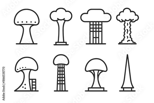 Fungal Skyscraper Icons. Line style icons of mushroom cloud skyscrapers: towering fungal dome, stem-based structure, cloud canopy