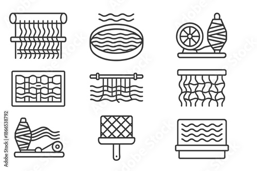 Aquatic Textile Icons. Line style icons of aquatic textile creation: water thread loom, liquid weave plate, current strand spinner