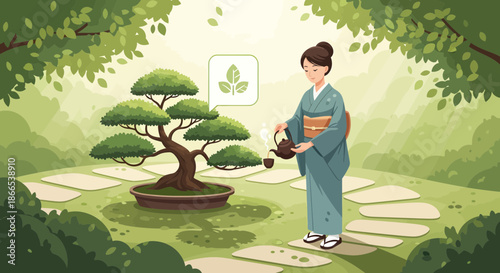 Woman in Kimono Watering Bonsai Tree in Japanese Garden.