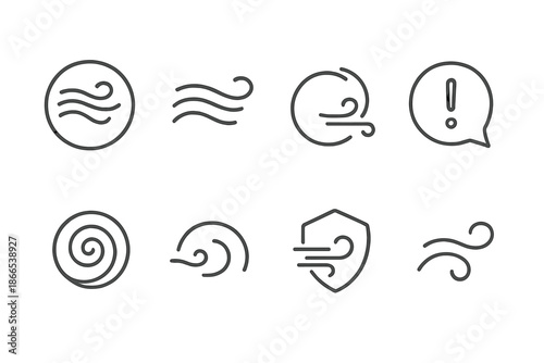 Wind-Whispered Icons. Line style icons of wind-whispered notifications: flowing air ring, whisper wave icon, soft motion circle,
