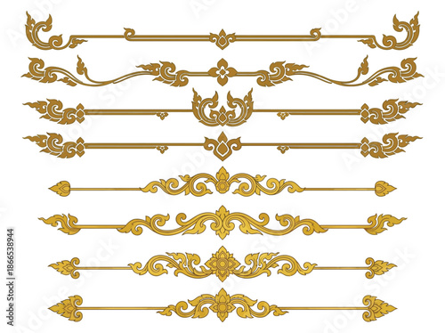 Set of golden Thai borders and dividers with traditional luxury line ornaments for page decoration, classic Thailand art inspired frames, separators and elegant decorative graphic design elements