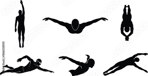 Black Vector Silhouette Set of Professional Swimmers and Divers Performing Various Athletic Strokes and Jumps, Aquatic Sports Icons Isolated on White Background