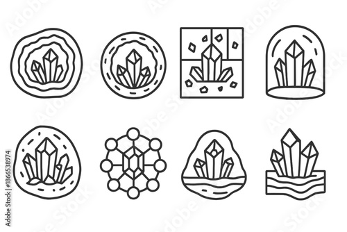 Crystal Cavity Icons. Line style icons of crystal cavity scenes: geode cross-section, mineral hollow ring, crystal chamber grid,