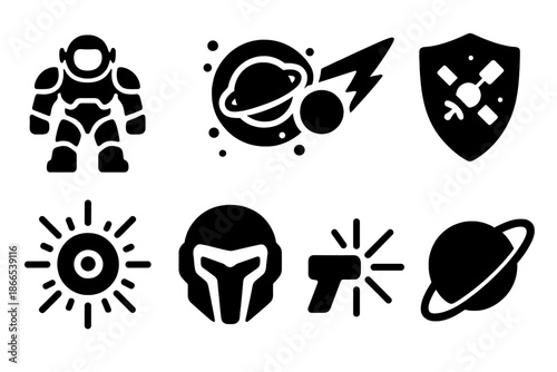 Orbital Armor Icons. Solid style icons of orbital battle armor: energy suit, planetary sigil, comet lance, satellite shield,
