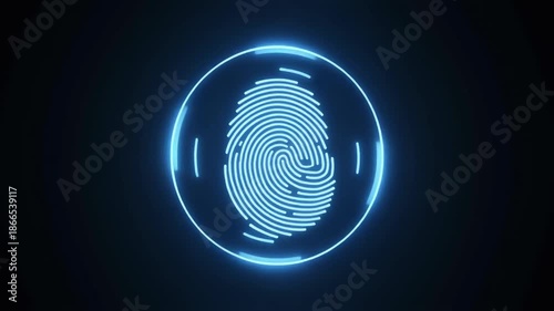 Wallpaper Mural Glowing Blue Fingerprint Icon Inside a Circular Neon Ring on Dark Background biometric identification Torontodigital.ca