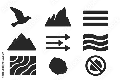 Bird Formation Geology. Solid style icons of bird formation geology: flying bird silhouette, rock ridge, alignment line, mountain