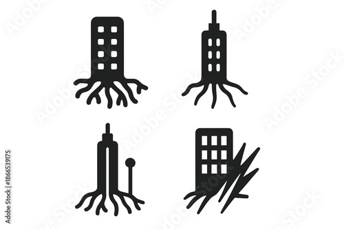Mycelium High-Rise Icons. Solid style icons of mycelium high-rises: skyscraper silhouette, fungal network, root lines, glowing
