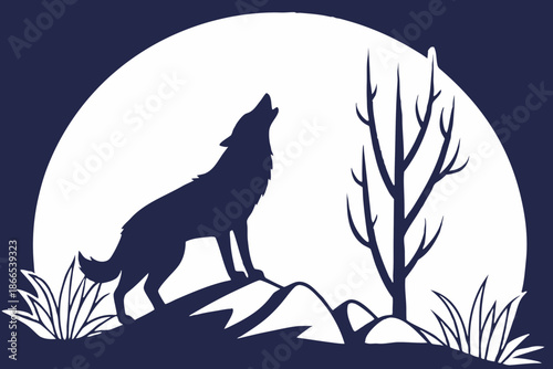 A lone wolf howls at the full moon against a stark, stylized night landscape.