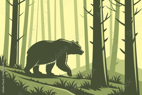 A solitary grizzly bear emerges from dense alders in a sunlit forest.