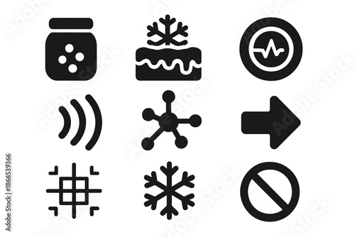Frozen Pollen Icons. Solid style icons of frozen pollen storage: pollen container, frost layer, pulse circle, flow line, energy