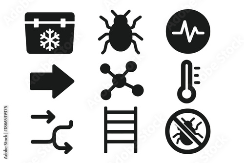 Insect Cold Storage Icons. Solid style icons of insect cold storage: freezer box, insect silhouette, pulse circle, directional