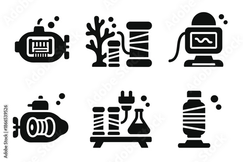 Underwater Silk Exploration Icons. Solid style icons of underwater silk exploration: diving loom, coral fiber reel, silk strand