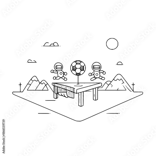 Skeleton Players Playing Soccer on Table in Mountains