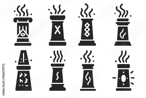 Oracle Pillar Icons. Solid style icons of a stone pillar absorbing prophecies: engraved oracle column, glowing rune tower,