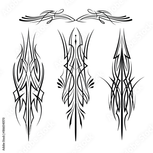 Old school pinstripe art illustration set with classic vintage custom lines and decorative striping elements for hot rod, motorcycle and car graphics, retro automotive branding and traditional design