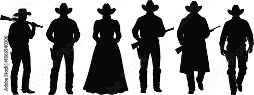 Wild west cowboy silhouettes set, gunslinger men and woman with rifles, western outlaw characters collection, vintage frontier illustration design