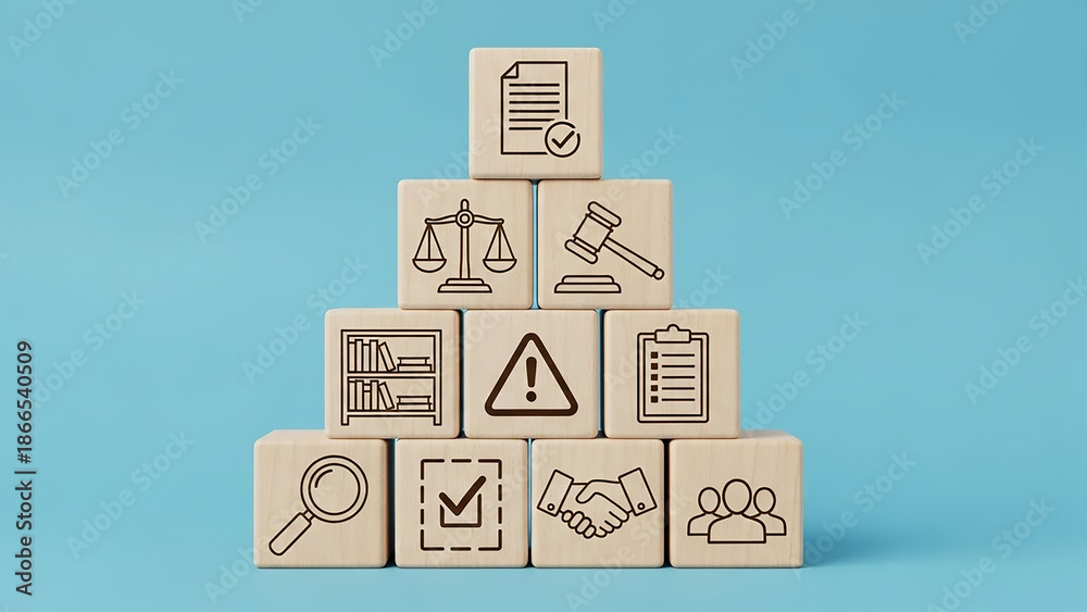 Fototapeta premium Legal Foundation: A conceptual arrangement of wooden blocks, each etched with symbols representing essential pillars of law and business, on a light blue backdrop.