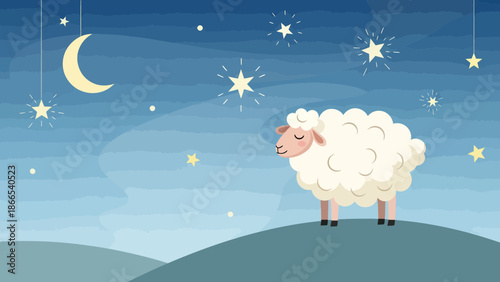 Dreamy Night Illustration Of Sheep Under The Moonlight And Starry Sky