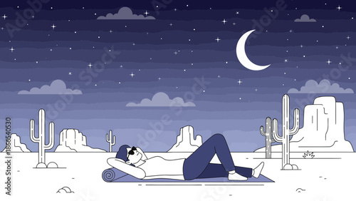 Dreamy Night Landscape Silhouette Of A Person Relaxing Under Crescent Moon