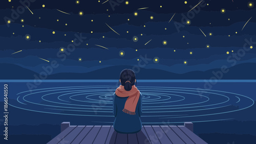 Dreamy Night Scene Of A Girl Watching Stars On The Dock