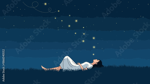 Dreamy Nightscape Woman Relaxing Under The Starry Sky Illustration
