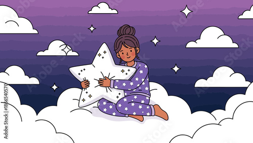 Dreamy Nightscape Girl In Starry Pajamas Embraces Celestial Pillow Amidst Clouds