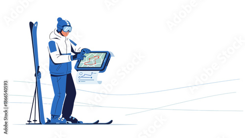 Digital Navigation On The Mountain Slope Modern Skier Using Tablet For Route Finding